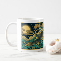 Japanischer Holzblock Golden Koi-Fisch springt übe Kaffeetasse