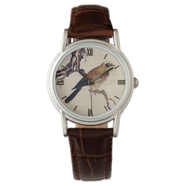 Japanischer Holzschnitt aus Finch, Braun und Beige Armbanduhr (Vorderseite)