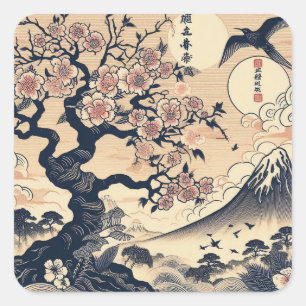 Japanischer Holzschnitt Kirschblüten Kranich Berg Quadratischer Aufkleber