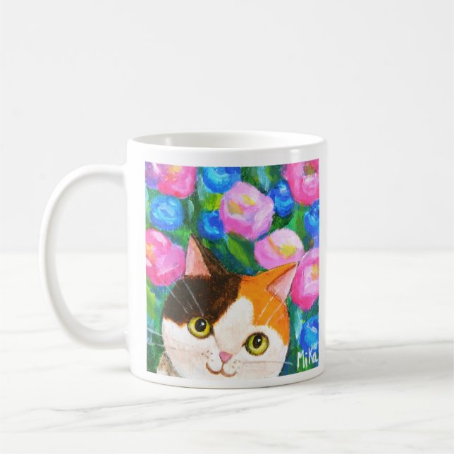 Japanischer Kalico Katze mit Hübschen Blume Katzen Kaffeetasse (Links)