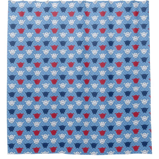 Japanischer Kaninchenprint, blau mit rot und weiß Duschvorhang (Vorderseite)