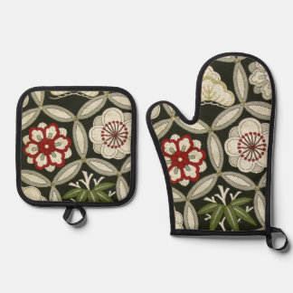 Japanischer KIMONO-Stoff, Blumenmuster Ofenhandschuh & Topflappen-Set