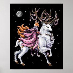 Japanischer Kitsune Fox Riding Cherry Blossom Deh Poster