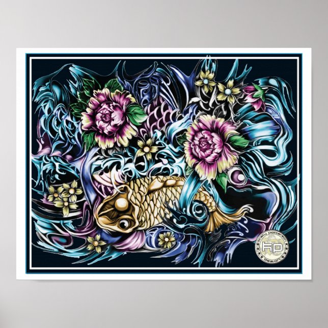 Japanischer Koi-Druck auf schwarzem Hintergrund Poster (Vorne)