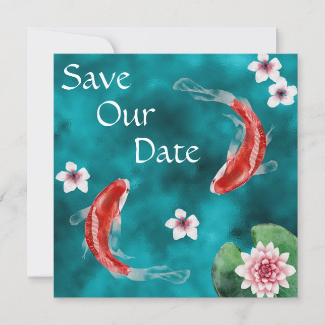 Japanischer Koi Fisch, Kirschblüten Hochzeit Geret Save The Date (Vorderseite)
