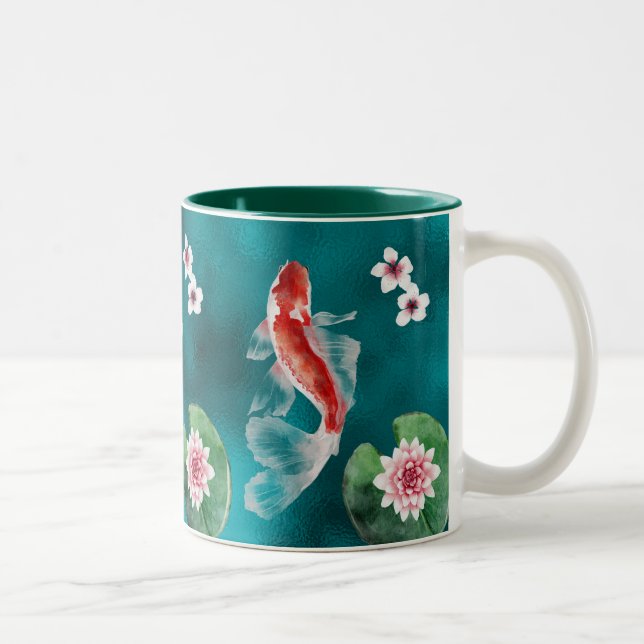 Japanischer Koi Fisch, Kirschblüten Japan Zweifarbige Tasse (Rechts)