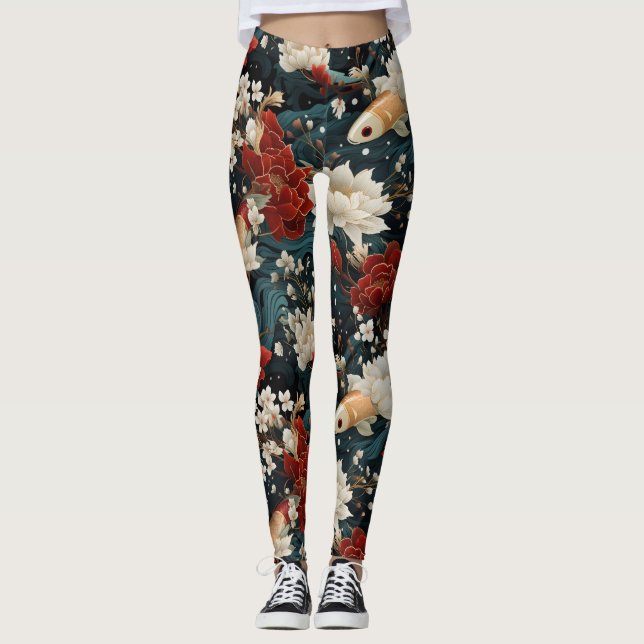 Japanischer Koi Fisch Nahtloses Muster Leggings (Vorderseite)