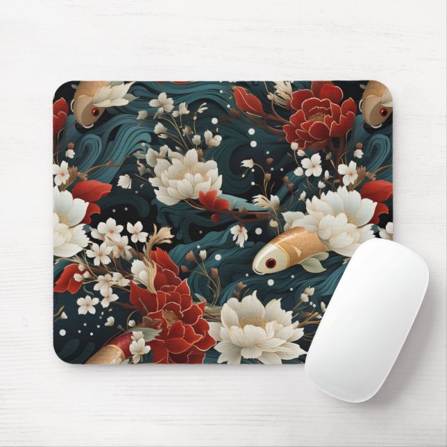 Japanischer Koi Fisch Nahtloses Muster Mousepad (Mit Mouse)