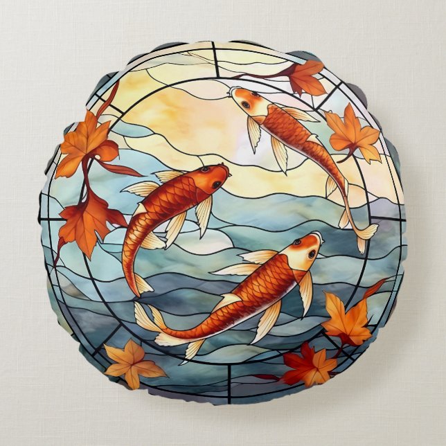 Japanischer Koi Fisch und Herbstleaves Rundes Kissen (Vorderseite)