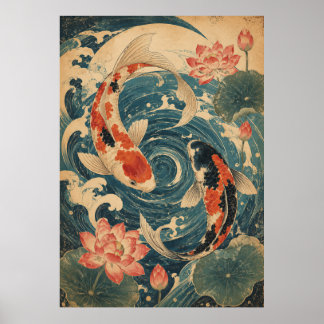 Japanischer Koi-Fisch-Wellen-Poster | Vintage-Rote Poster