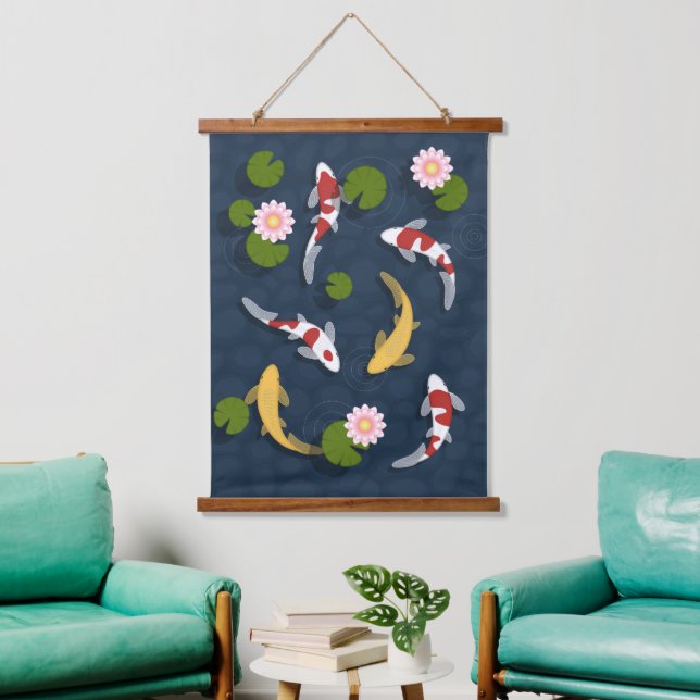 Japanischer Koi Fish Pond Wandteppich Mit Holzrahmen (Wohnzimmer)