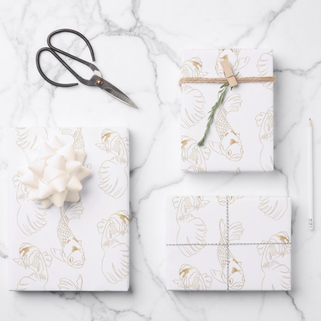 Japanischer Koi in Weiß und Gold Geschenkpapier Set (Vorderseite)