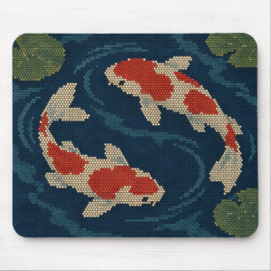Japanischer Koi-Teich Rot-Weiß-Fisch-Pixel-Art Mousepad