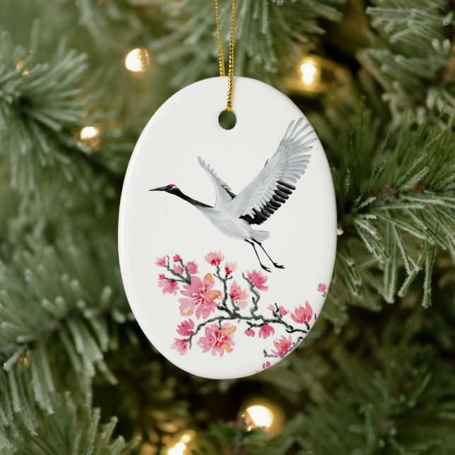 Japanischer Kranich und Kirschblossom Weihnachten Keramik Ornament (Baum)