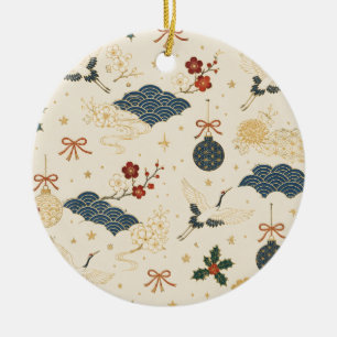 Japanischer Kranich- und Wellen-Weihnachts-Schmuck Keramik Ornament