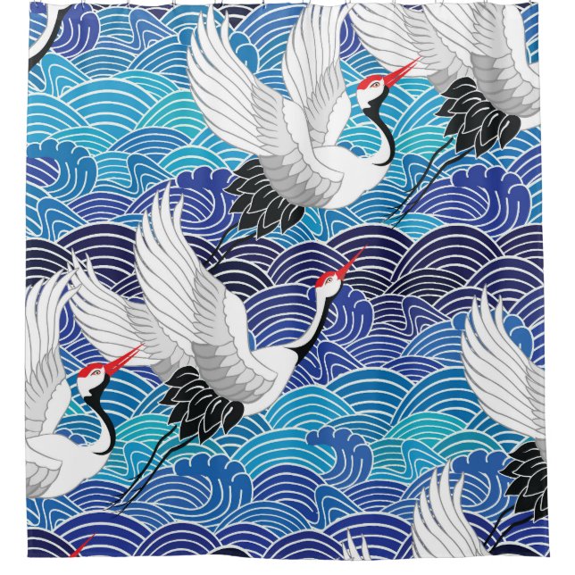 Japanischer Kranich: Verziertes Vogelmuster. Duschvorhang (Vorderseite)