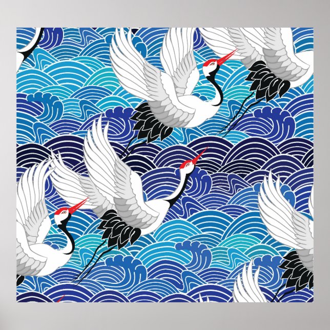 Japanischer Kranich: Verziertes Vogelmuster. Poster (Vorne)