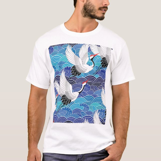Japanischer Kranich: Verziertes Vogelmuster. T-Shirt (Vorderseite)