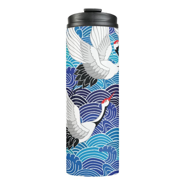 Japanischer Kranich: Verziertes Vogelmuster. Thermosbecher (Vorderseite)