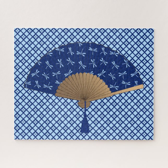 Japanischer Lüfter, Dragonfly-Muster, Cobalt Blue (Horizontal)