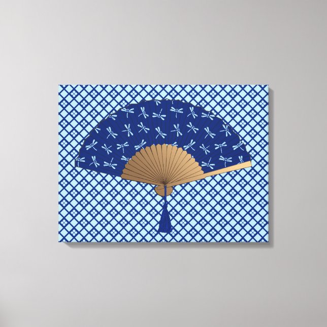 Japanischer Lüfter, Dragonfly-Muster, Cobalt Blue Leinwanddruck (Vorderseite)