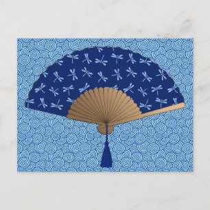 Japanischer Lüfter, Dragonfly-Muster, Cobalt Blue Postkarte