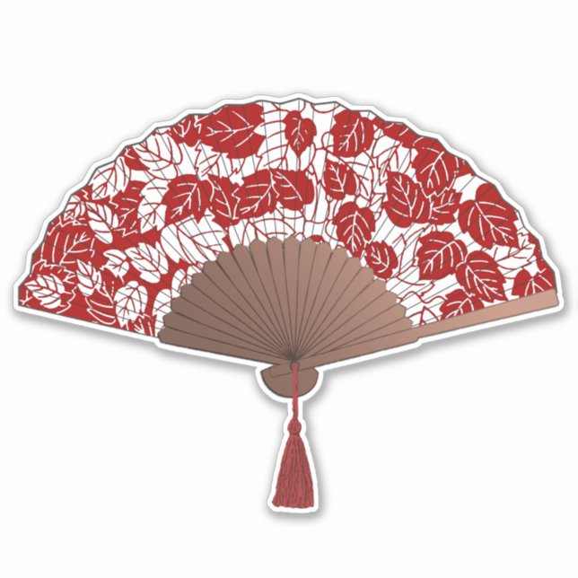 Japanischer Lüfter in Leaf Print, Dunkelrot und We Aufkleber (Vorderseite)
