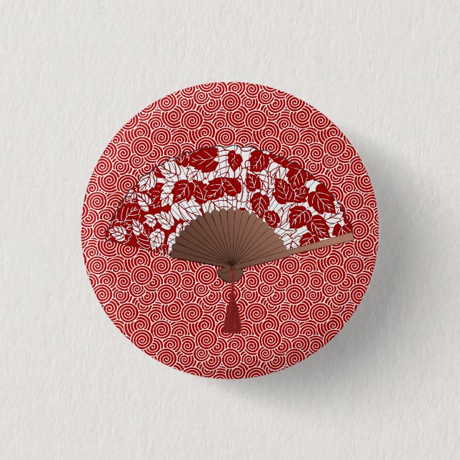 Japanischer Lüfter in Leaf Print, Dunkelrot und We Button (Vorderseite)