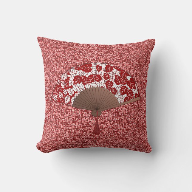 Japanischer Lüfter in Leaf Print, Dunkelrot und We Kissen (Vorderseite)