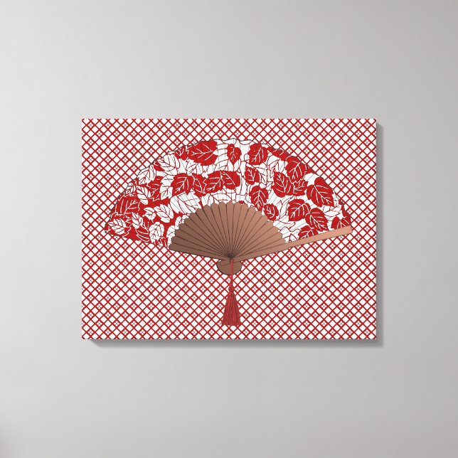 Japanischer Lüfter in Leaf Print, Dunkelrot und We Leinwanddruck (Vorderseite)