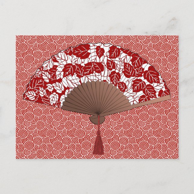 Japanischer Lüfter in Leaf Print, Dunkelrot und We Postkarte (Vorderseite)