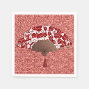 Japanischer Lüfter in Leaf Print, Dunkelrot und We Serviette