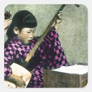 Japanischer Mädchen-Musiker Shamisen Vintag Quadratischer Aufkleber