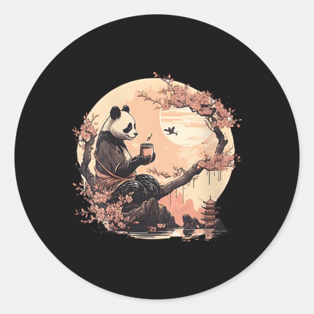 Japanischer Panda Drink Tea Sakura Trees Panda Tee Runder Aufkleber (Vorderseite)