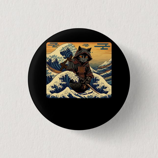 Japanischer Retro Samurai katzt die große Welle vo Button (Vorderseite)