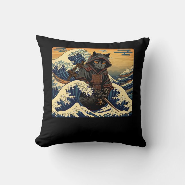 Japanischer Retro Samurai katzt die große Welle vo Kissen (Vorderseite)