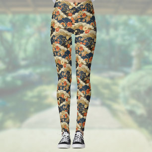 Japanischer Retro-Teal-Blumen- und Wolken-Druck Leggings