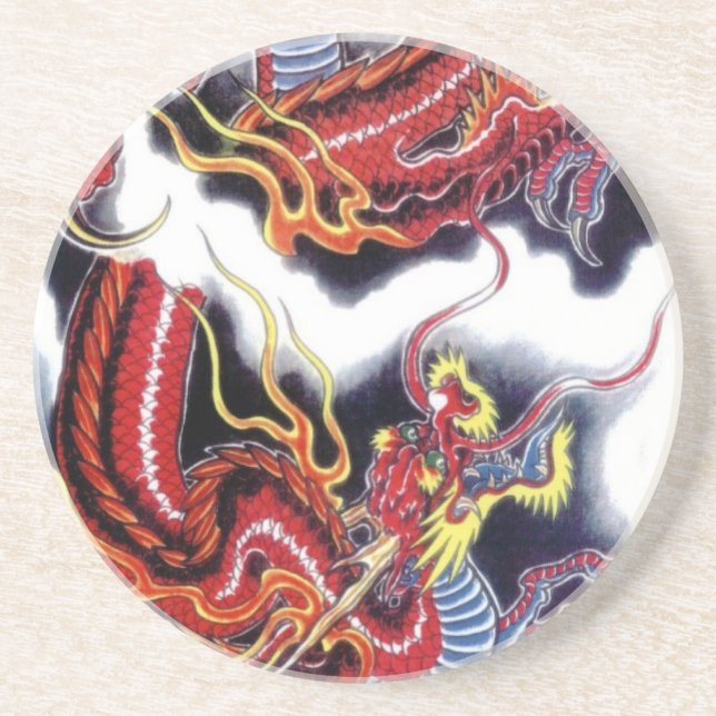 Japanischer Roter Drache Sandstein Untersetzer (Vorne)