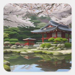 Japanischer Sakura Cherry Blossom Garden Shrine Po Quadratischer Aufkleber