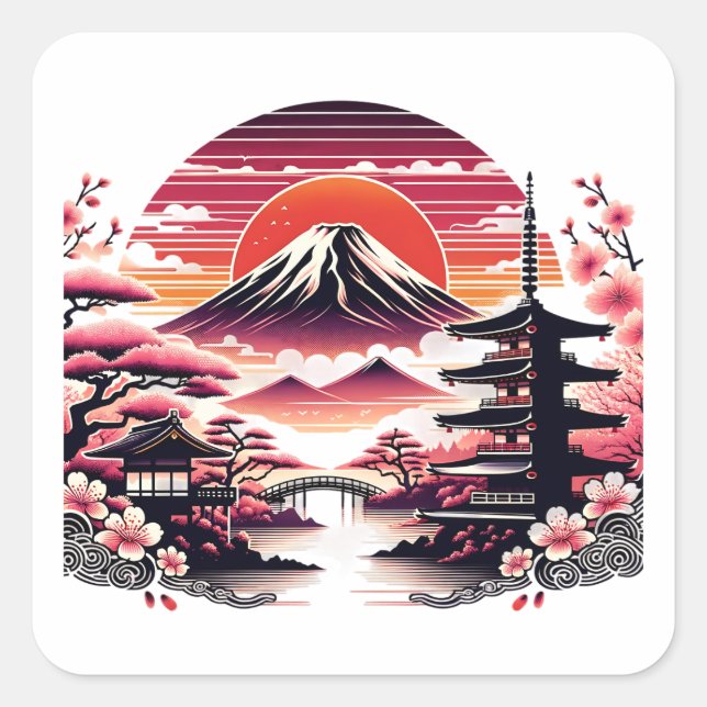 Japanischer Sakura Garden Mount Fuji Cherry Blosso Quadratischer Aufkleber (Vorderseite)