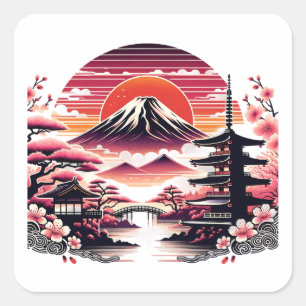 Japanischer Sakura-Garten Mount Fuji Kirschblüte Quadratischer Aufkleber