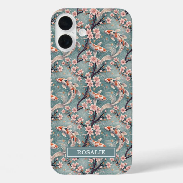 Japanischer Sakura-Koi-Fisch-Print Monogramm iPhone 16 Plus Hülle (Rückseite)
