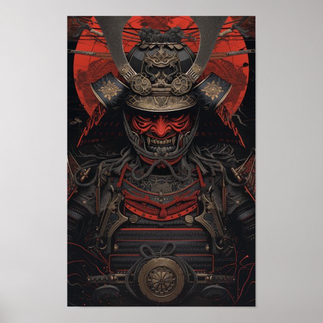 Japanischer Samurai-Krieger in Red Face Armor Post Poster (Vorne)