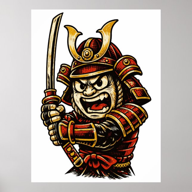 Japanischer Samurai-Krieger Rote Rüstung Cartoon-K Poster (Vorne)