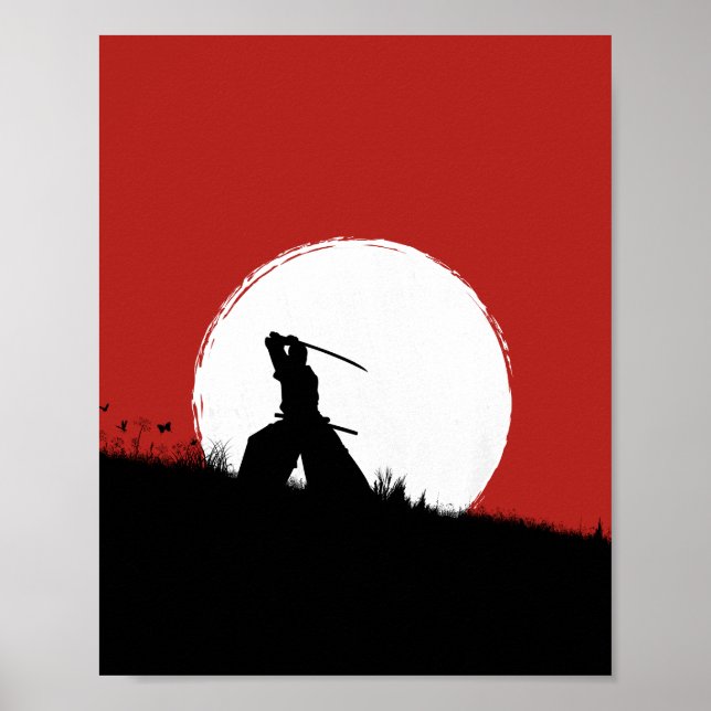 Japanischer Samurai-Krieger Silhouette Sonnenposte Poster (Vorne)