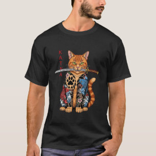 Japanischer Samurai-Ninja-Katze Kawaii-Tattoo-Graf T-Shirt