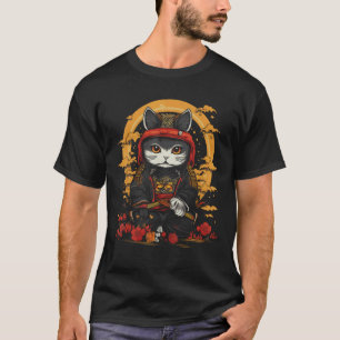 Japanischer Samurai Ninja Katze Retro Tattoo Grafi T-Shirt