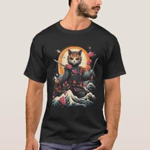 Japanischer Samurai Ninja Katze Retro Tattoo Grafi T-Shirt