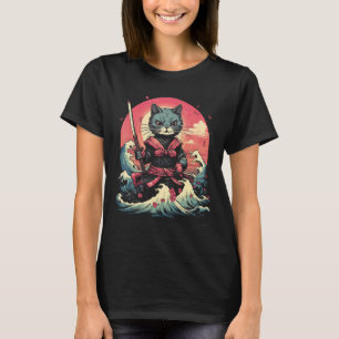 Japanischer Samurai Ninja Katze Retro Tattoo Grafi T-Shirt
