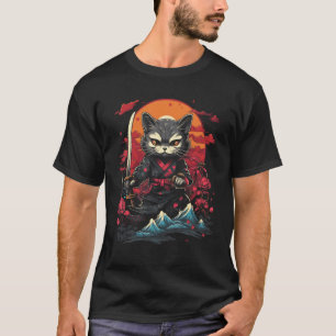 Japanischer Samurai Ninja Katze Retro Tattoo Grafi T-Shirt